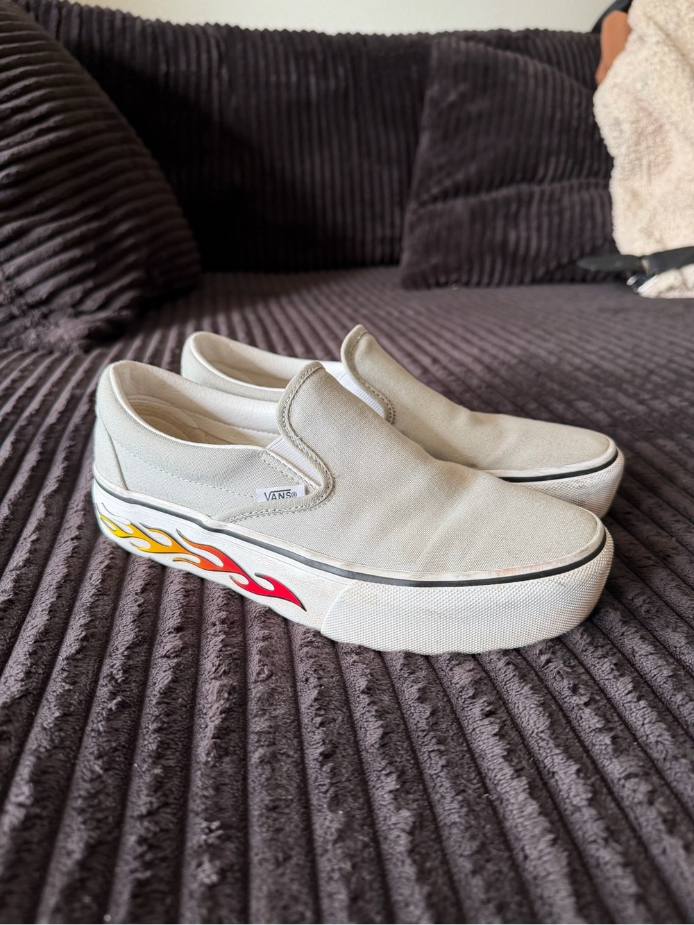 Vans Slip-On Platform Sneakers White with Red and Yellow Flame Graphic